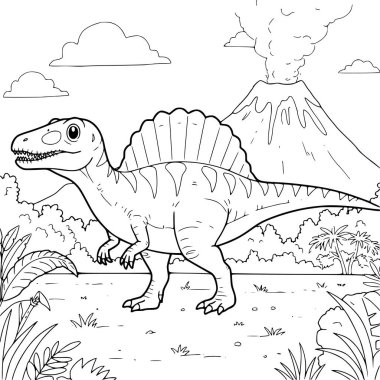 Dinozor boyama sayfaları volkan manzarası üzerine