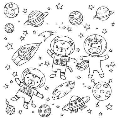 Sevimli kedi, ayı, tek boynuzlu at astronotları gezegenleri, yıldızları olan uzaylıları gösteren el çizimi siyah ve beyaz vektör çizimi. Ayrı nesneler. Çizgi çizme. Tasarım konsepti çocuk boyama kitabı.