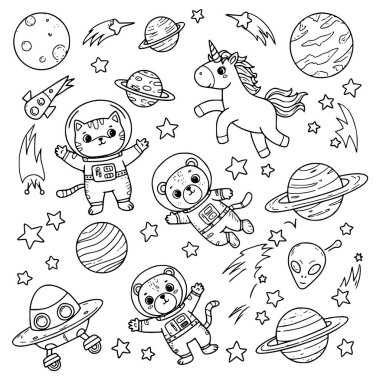 Sevimli kedi, ayı, tek boynuzlu at astronotları gezegenleri, yıldızları olan uzaylıları gösteren el çizimi siyah ve beyaz vektör çizimi. Ayrı nesneler. Çizgi çizme. Tasarım konsepti çocuk boyama kitabı.