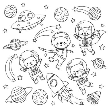Sevimli kedi, ayı, tek boynuzlu at astronotları gezegenleri, yıldızları olan uzaylıları gösteren el çizimi siyah ve beyaz vektör çizimi. Ayrı nesneler. Çizgi çizme. Tasarım konsepti çocuk boyama kitabı.