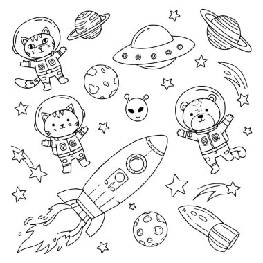 Sevimli kedi, ayı, tek boynuzlu at astronotları gezegenleri, yıldızları olan uzaylıları gösteren el çizimi siyah ve beyaz vektör çizimi. Ayrı nesneler. Çizgi çizme. Tasarım konsepti çocuk boyama kitabı.