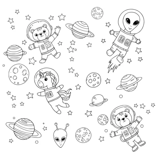 Sevimli kedi, ayı, tek boynuzlu at astronotları gezegenleri, yıldızları olan uzaylıları gösteren el çizimi siyah ve beyaz vektör çizimi. Ayrı nesneler. Çizgi çizme. Tasarım konsepti çocuk boyama kitabı.