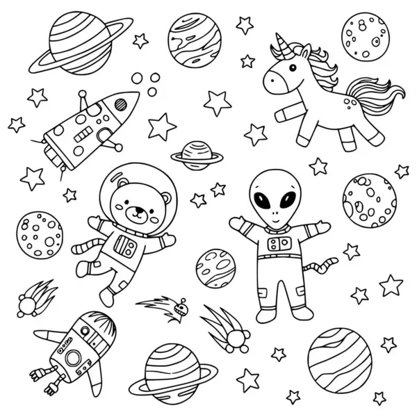 Sevimli kedi, ayı, tek boynuzlu at astronotları gezegenleri, yıldızları olan uzaylıları gösteren el çizimi siyah ve beyaz vektör çizimi. Ayrı nesneler. Çizgi çizme. Tasarım konsepti çocuk boyama kitabı.