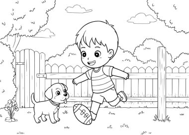 Küçük çocuk bahçede köpeğiyle futbol oynuyor. Çocuklar için boyama kitabı