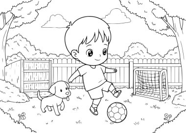 Küçük çocuk bahçede köpeğiyle futbol oynuyor. Çocuklar için boyama kitabı