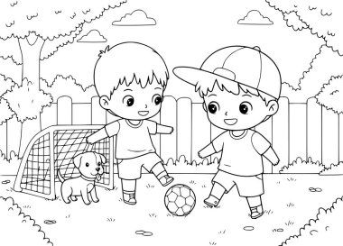 Küçük çocuk bahçede köpeğiyle futbol oynuyor. Çocuklar için boyama kitabı