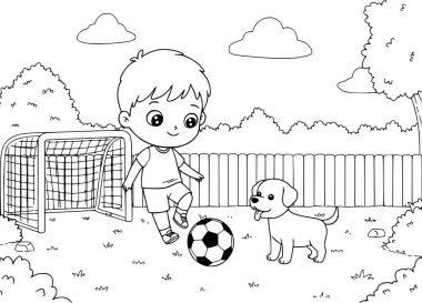 Küçük çocuk bahçede köpeğiyle futbol oynuyor. Çocuklar için boyama kitabı