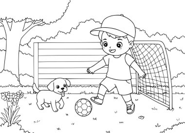 Küçük çocuk bahçede köpeğiyle futbol oynuyor. Çocuklar için boyama kitabı