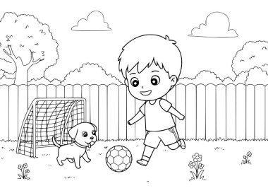 Küçük çocuk bahçede köpeğiyle futbol oynuyor. Çocuklar için boyama kitabı