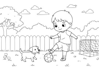 Küçük çocuk bahçede köpeğiyle futbol oynuyor. Çocuklar için boyama kitabı