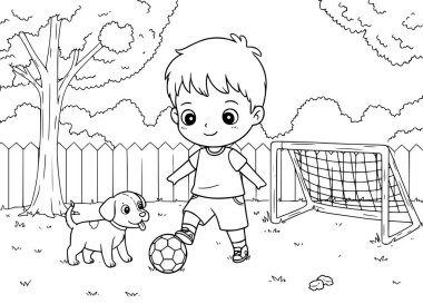Küçük çocuk bahçede köpeğiyle futbol oynuyor. Çocuklar için boyama kitabı