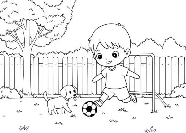 Küçük çocuk bahçede köpeğiyle futbol oynuyor. Çocuklar için boyama kitabı