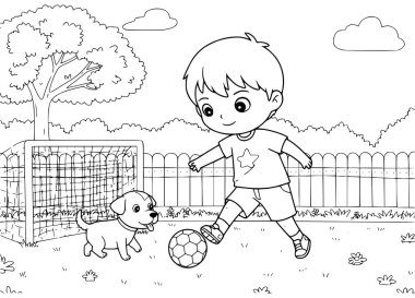 Küçük çocuk bahçede köpeğiyle futbol oynuyor. Çocuklar için boyama kitabı