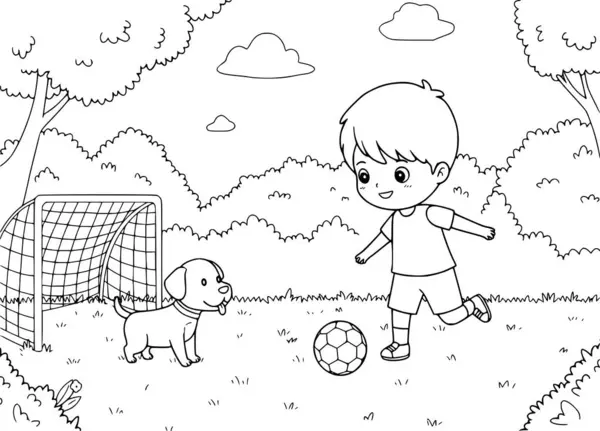 Küçük çocuk bahçede köpeğiyle futbol oynuyor. Çocuklar için boyama kitabı
