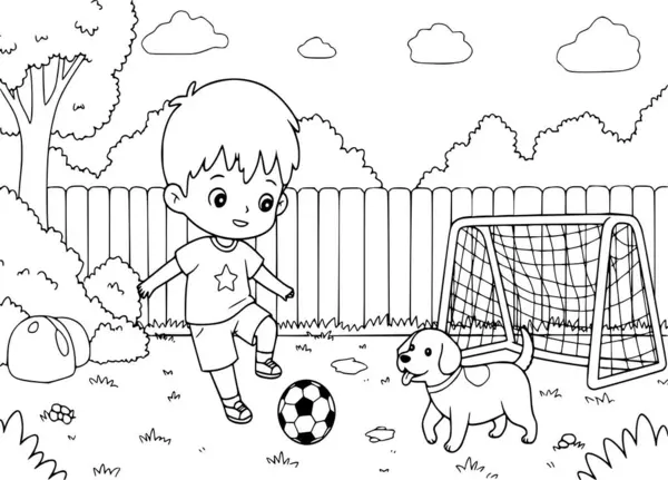Küçük çocuk bahçede köpeğiyle futbol oynuyor. Çocuklar için boyama kitabı