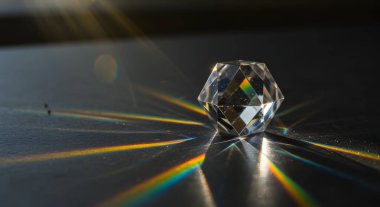 Parlak bir kristal karanlık bir yüzeyde oturur, ışığı gökkuşağı desenlerine kırarak geometrik şeklini ve optik fiziğini vurgular. Bilimsel görseller için mükemmel.