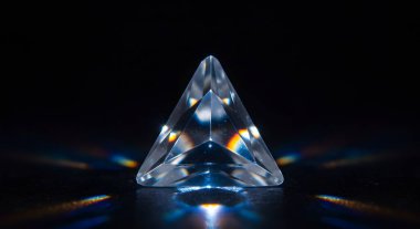 Parlak bir kristal karanlık bir yüzeyde oturur, ışığı gökkuşağı desenlerine kırarak geometrik şeklini ve optik fiziğini vurgular. Bilimsel görseller için mükemmel.