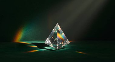 Parlak bir kristal karanlık bir yüzeyde oturur, ışığı gökkuşağı desenlerine kırarak geometrik şeklini ve optik fiziğini vurgular. Bilimsel görseller için mükemmel.