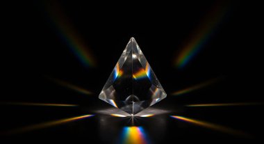 Parlak bir kristal karanlık bir yüzeyde oturur, ışığı gökkuşağı desenlerine kırarak geometrik şeklini ve optik fiziğini vurgular. Bilimsel görseller için mükemmel.