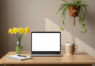 Boş ekran, not defteri, çiçekler ve projelerinizde verimliliği ve konforu desteklemek için mükemmel bir asma tesisi içeren doğal çalışma alanı kurulumu.