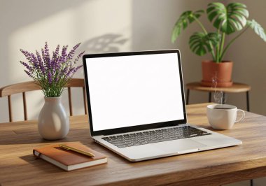 Boş ekranı, kahvesi ve çiçekleri olan bir dizüstü bilgisayarın olduğu modern bir çalışma alanı. Tasarımlarınızı veya içeriğinizi gerçekçi bir ortamda göstermek için mükemmel.
