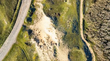 Fransa 'nın Bretignolles sur Mer kentindeki Sauzaie plajı yakınlarındaki kum tepelerinde. İnsansız hava aracı ile hava görüntüsü