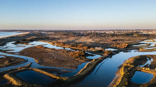 Aerial drone view of the Gachere marshes in Brem sur Mer, Vendee, France on a winter day at sunset