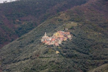 Cinque Terre bölgesinin tipik renkli evleri yağmurlu bir kış gününde Levento, Montale, Liguria, İtalya yakınlarındaki dağa tutunur.