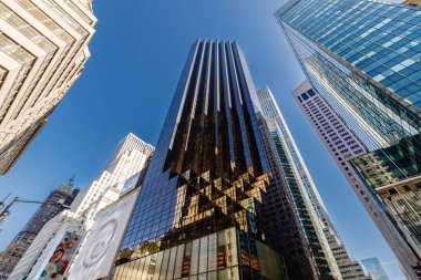 New York, Manhattan, ABD - 15 Şubat 2023: Güzel bir kış gününde şehir merkezindeki koz kulesinin mimari ayrıntıları