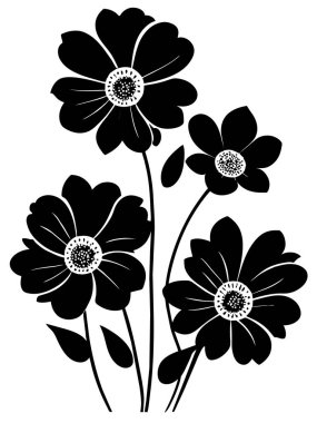 Çiçekler siyah siluet desenli vektör çizimi