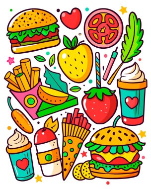 Hamburger, burger, patates kızartması, hamburger, hamburger, soda, hamburger. vektör illüstrasyonu