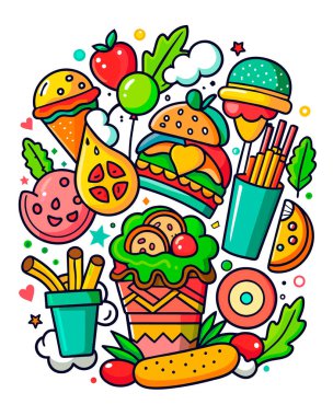 Renkli yiyecek ve içeceklerin vektör kümesi