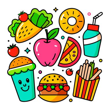 Gıda şirin karalama renkli çizimler vektör clipart kümesi