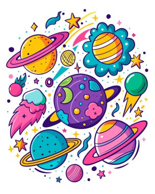 Uzay gezegenlerinin el çizimi vektör çizimi