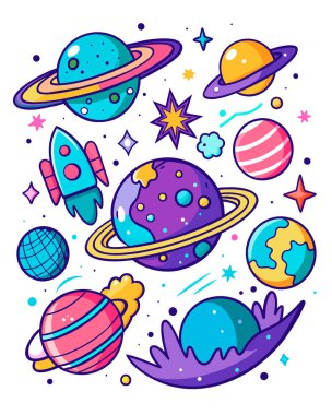 Gezegenler, yıldızlar, gezegenler, gezegenler ve gezegenler. vektör