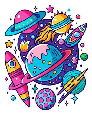 Uzay keşiflerinin vektör çizimi. gezegenler, yıldızlar ve gezegenler.