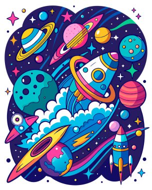 uzay gezegenleri, yıldızlar ve uzay gemileri, vektör illüstrasyonu