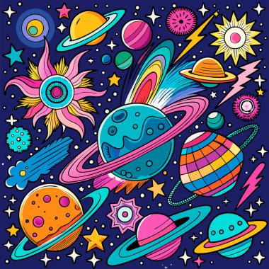 Çizgi film el gezegenleri, yıldızları ve gezegenleri çizer. vektör illüstrasyonu
