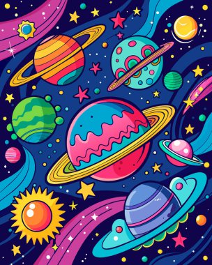 Gezegenler, yıldızlar, gezegenler, gezegenler ve galaksiden oluşan uzay arkaplanı