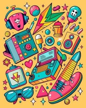 Pembe arkaplanda havalı müzik sembolleri ve nesnelerin renkli karalama vektörü çizimi
