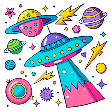 Uzayı ve gezegenleri olan UFO 'lar için renkli karalama 