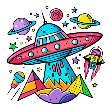 Uzayı ve gezegenleri olan UFO 'lar için renkli karalama 