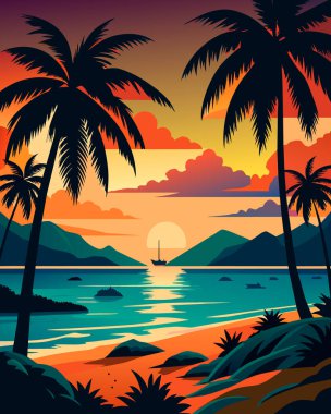 Denizde gün batımının vektör çizimi