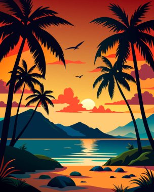 Arka planda palmiye ağacı ve plajla adada gün batımı.