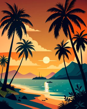 Ağaçlı tropik sahil günbatımı.