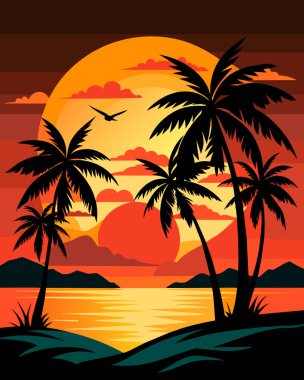 Gün batımında, hurma ve deniz