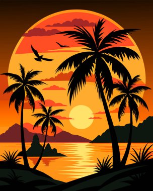 Gün batımında palmiye ağaçları. Vektör çizimi. 10 saniye.