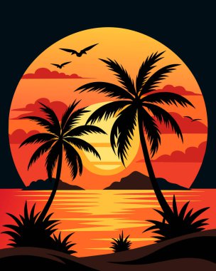 Palmiye ağaçlı tropikal plaj vektör illüstrasyonu 10 vektör
