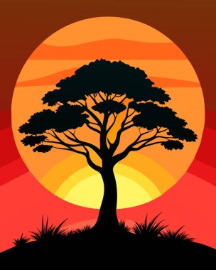 Güneşin doğuşuyla ağacın vektör illüstrasyonu
