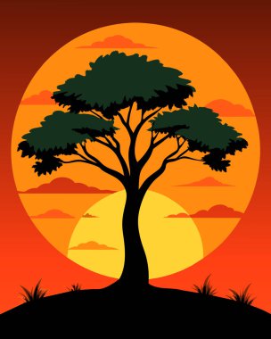 Palmiye ağaçlarıyla Afrika savanası silueti.